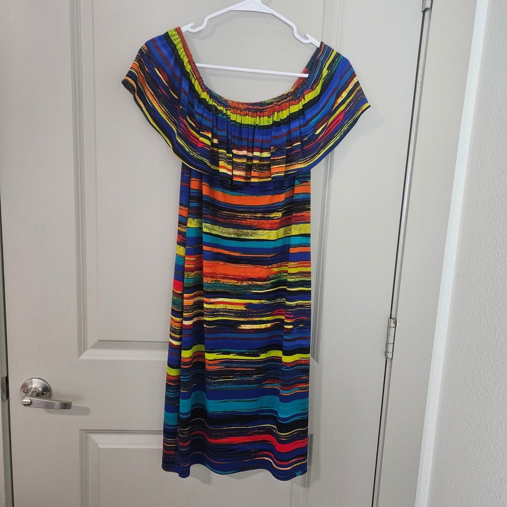 Joseph Ribkoff Multi Color‎ Abstract Stripe Ruffle Off Shoulder Dress Size 8